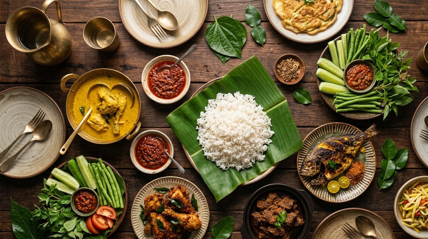 An overhead Malay food spread